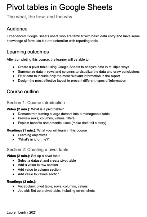 Google Sheets course&nbsp;outline